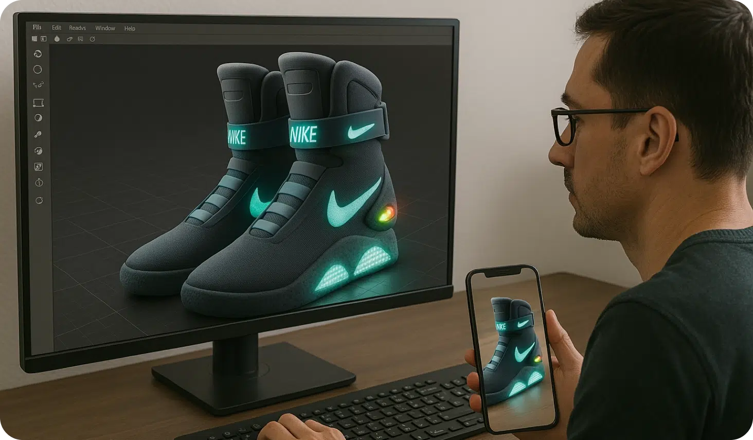 a 3d artist designing a pair of shoes